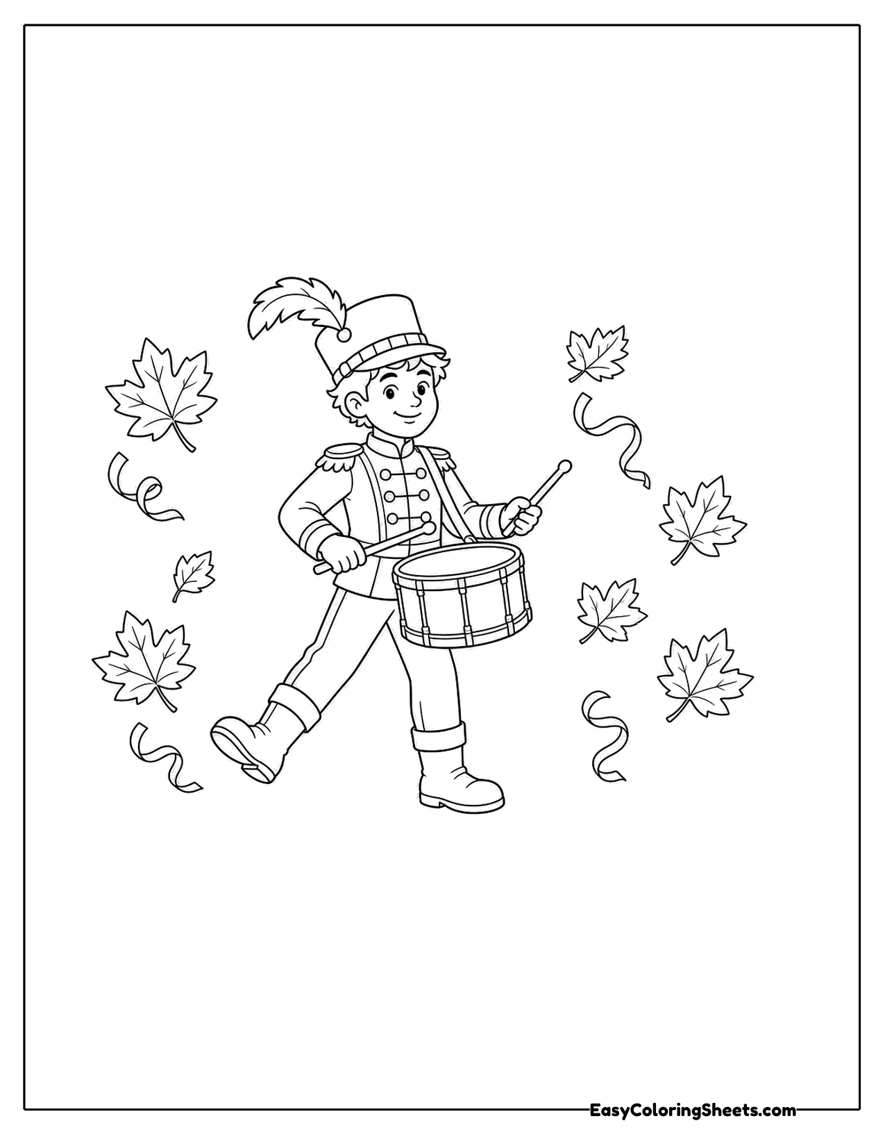 Marching drummer in a feathered hat playing a drum among leaves