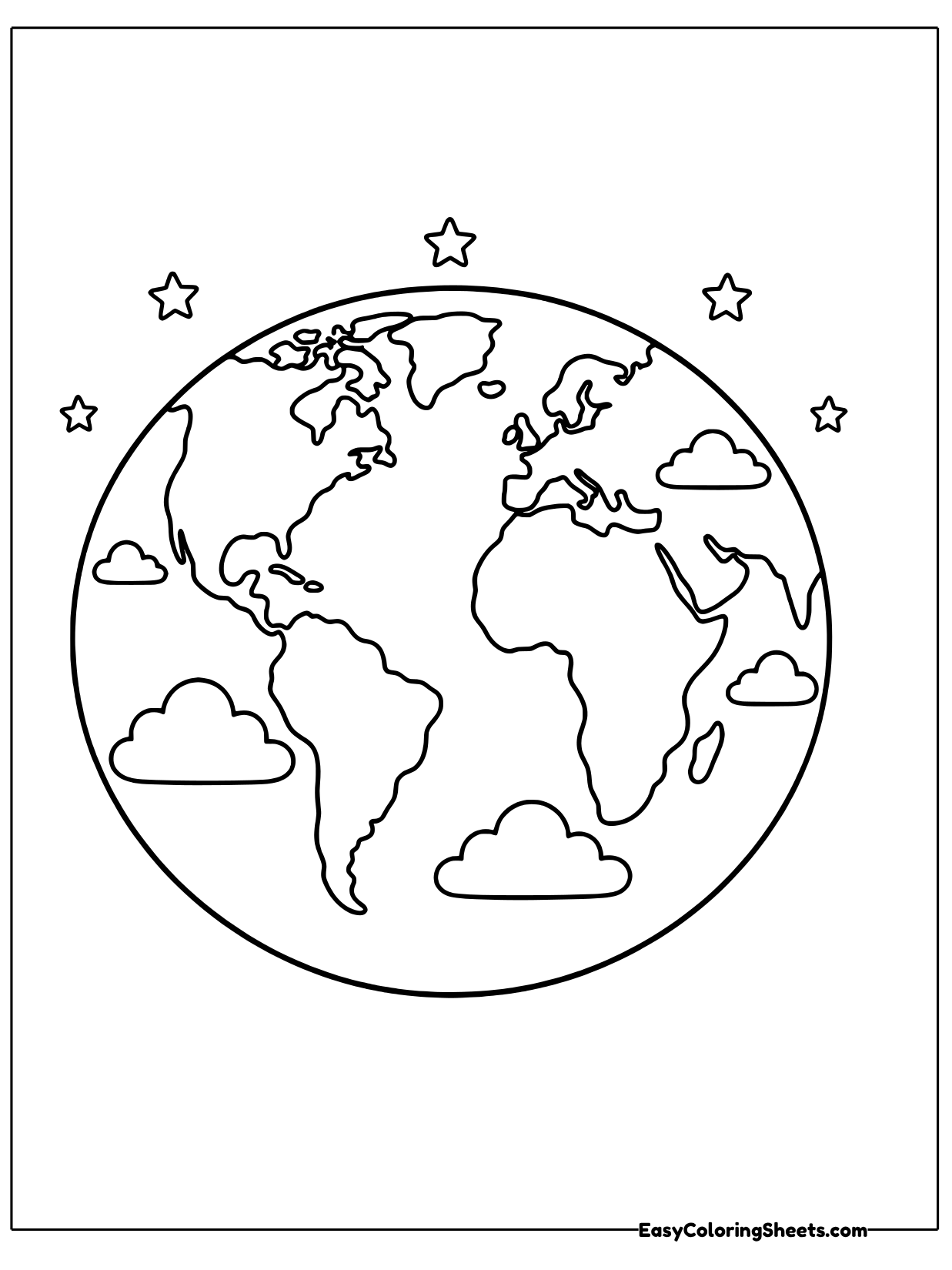 The Earth is shown with fluffy clouds drifting across its surface and stars around it in space.