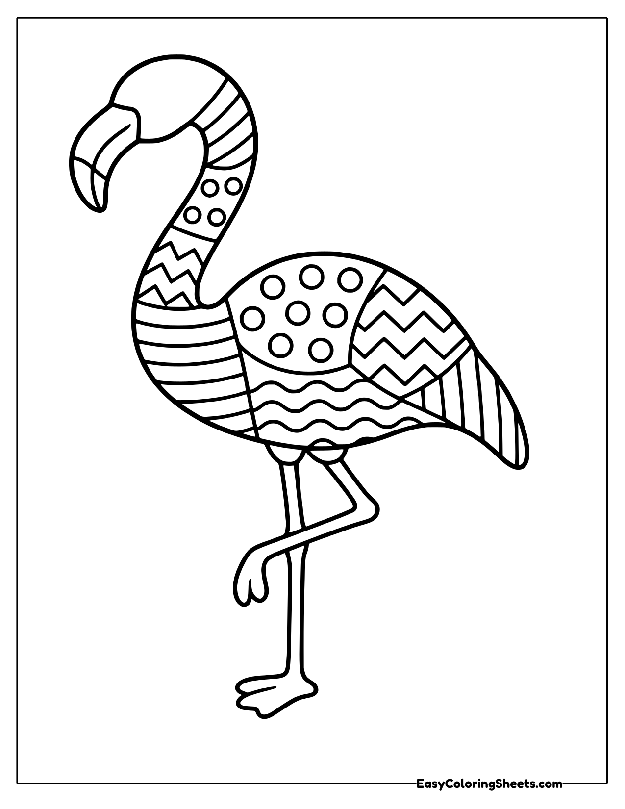 Flamingo on one leg with a body of zigzag, wave, stripe and dot panels