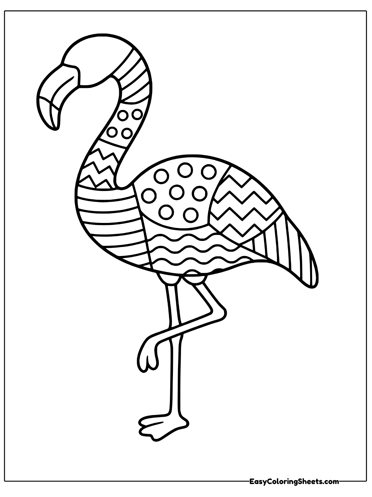 A flamingo stands on one long leg with its curved neck and body pieced together from big patchwork panels.