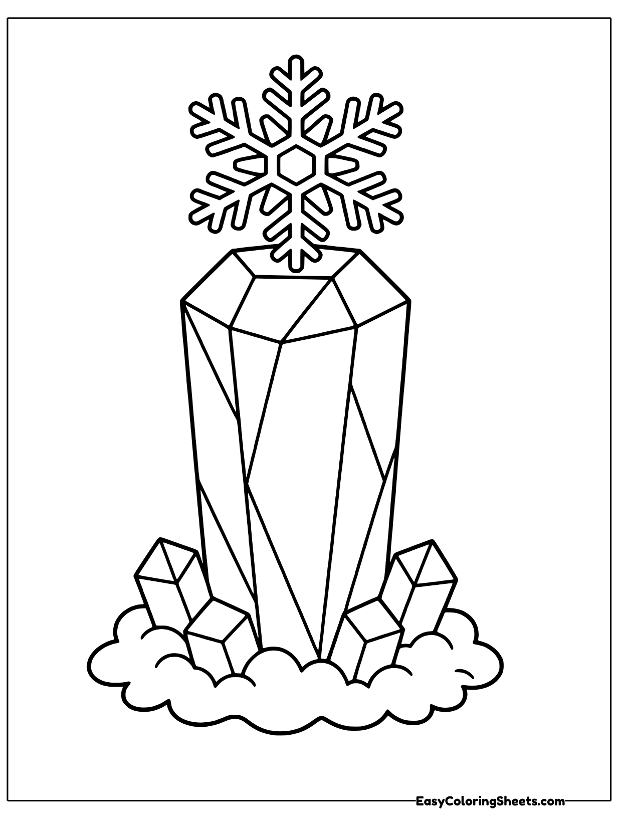 A faceted crystal stands tall with smaller gems at its base and a snowflake hovering above.