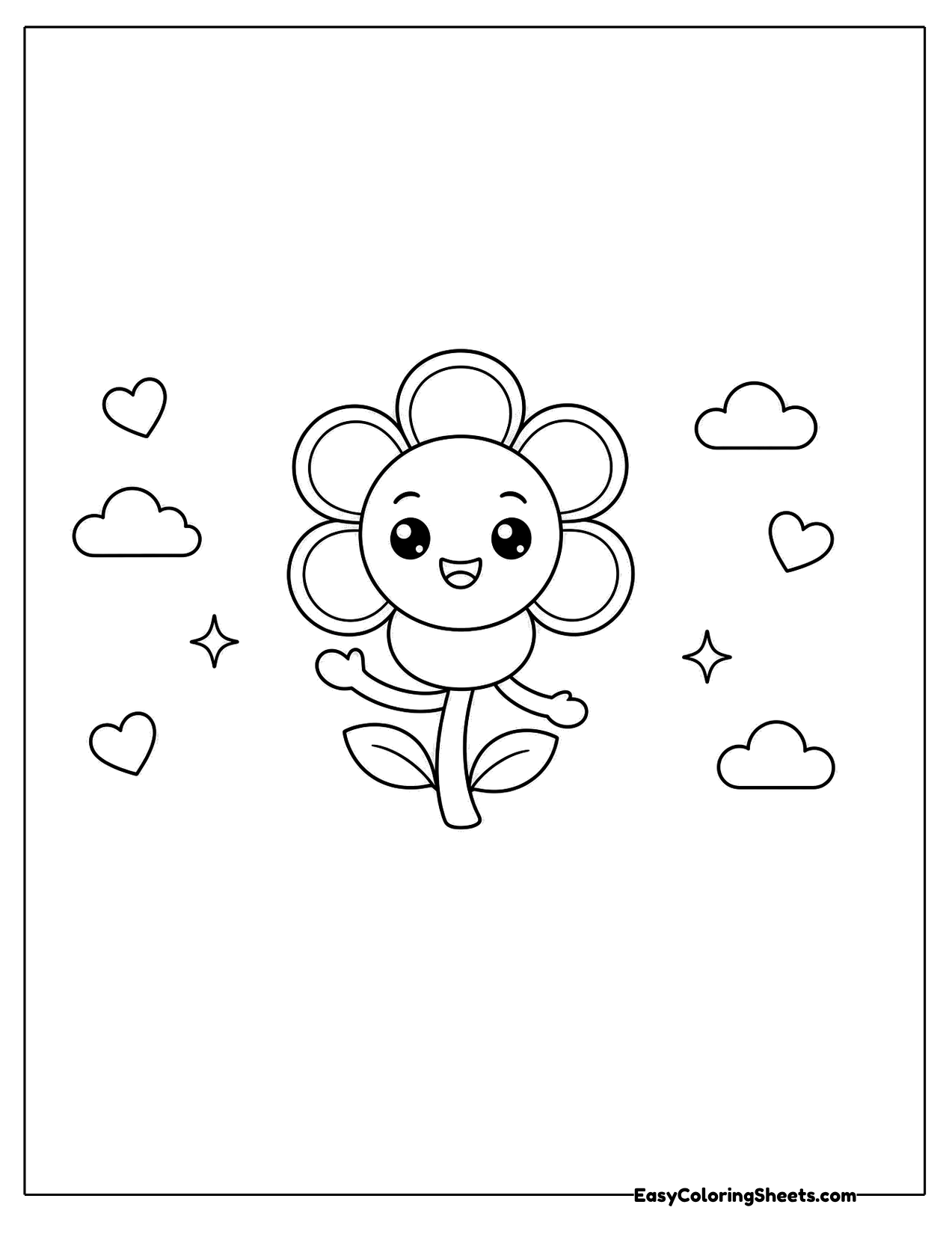 Smiling flower character with clouds and hearts