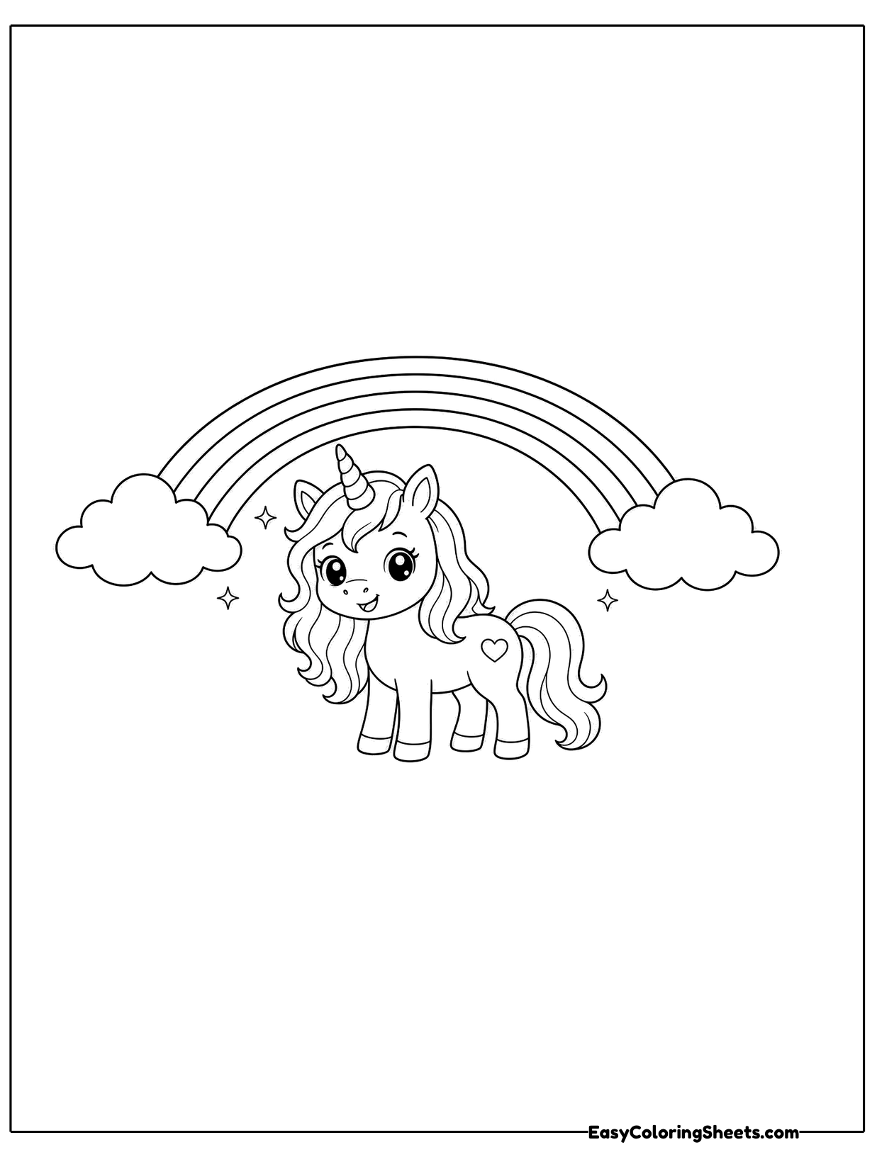 A small unicorn stands beneath a big arching rainbow framed by fluffy clouds.