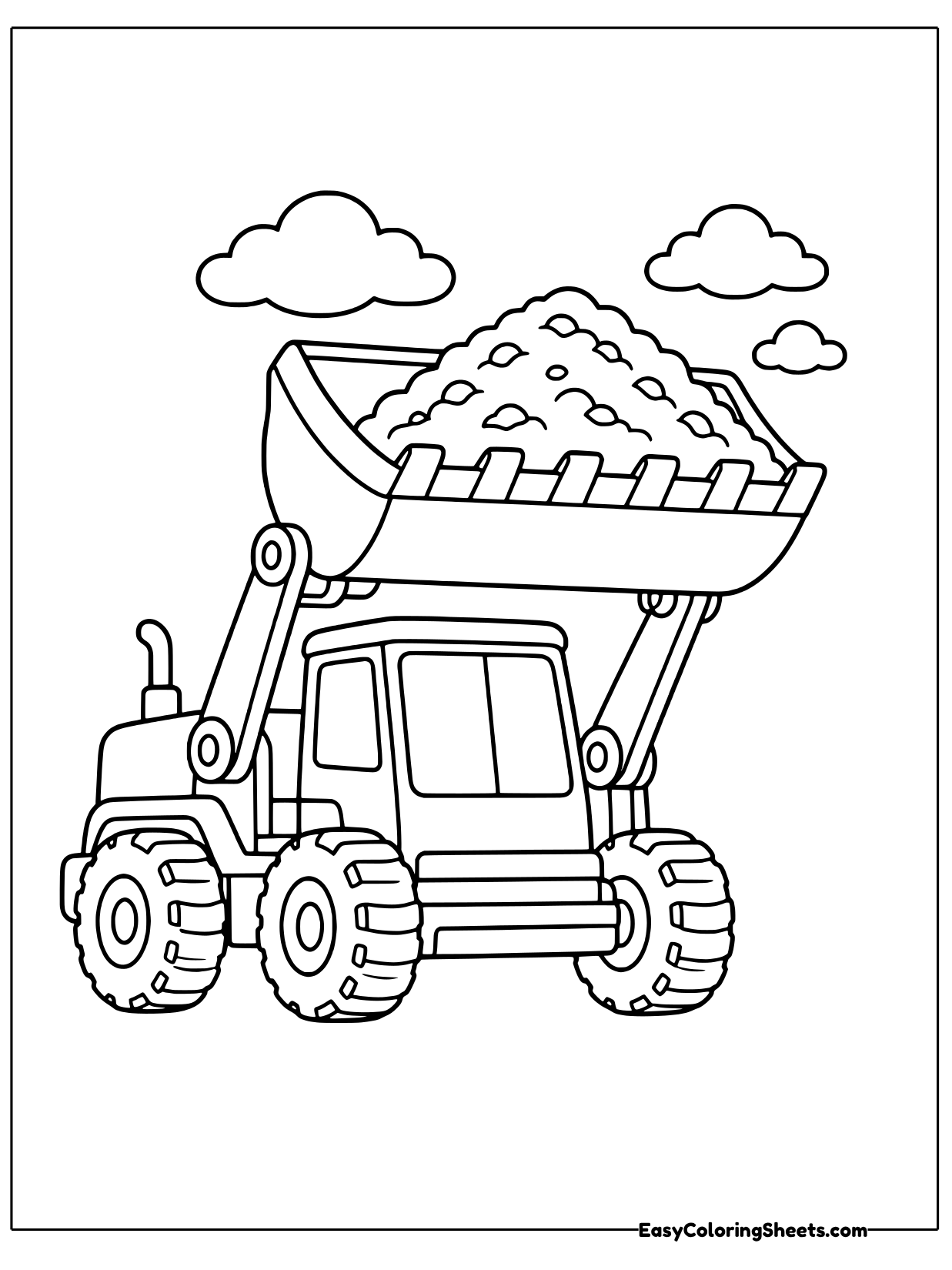 A front loader lifts a bucket heaped with dirt and gravel high above its cab.