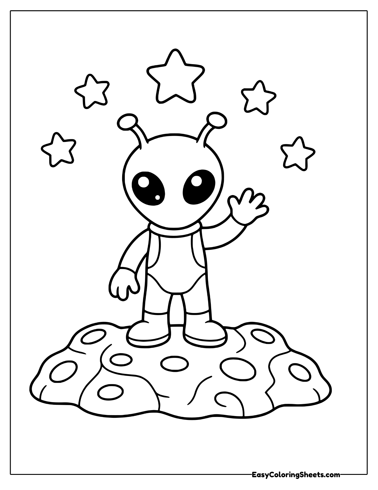 Alien waving under stars on a moon rock
