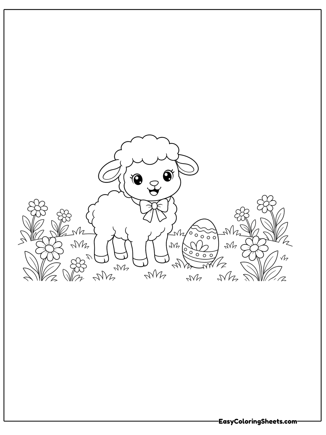 A fluffy lamb stands in a meadow with flowers and a decorated egg nearby.