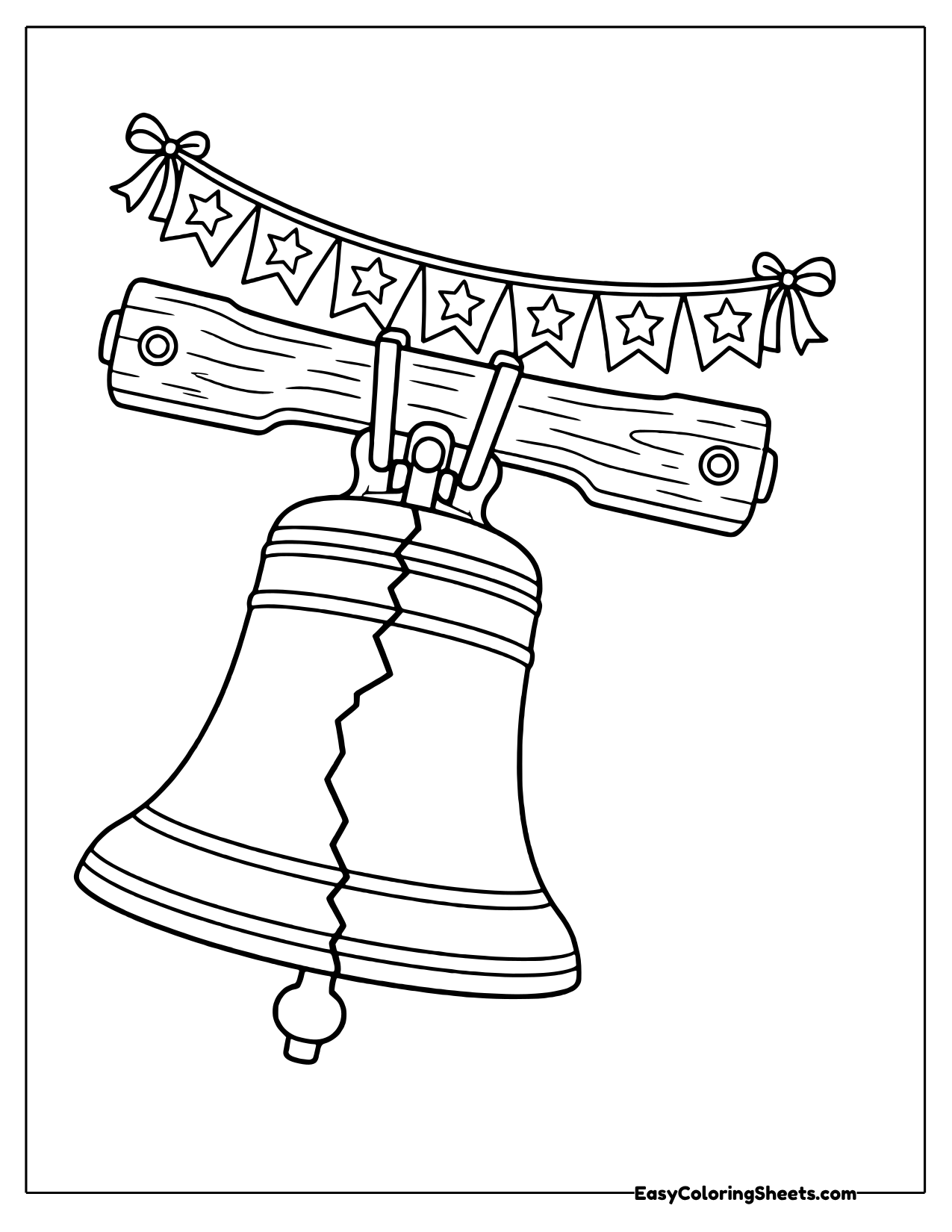 Liberty Bell on its wooden yoke under a string of star bunting