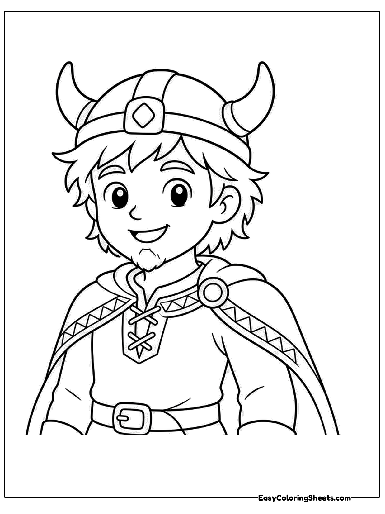 A smiling viking boy wears a horned helmet, a tunic with a belt and a cape.