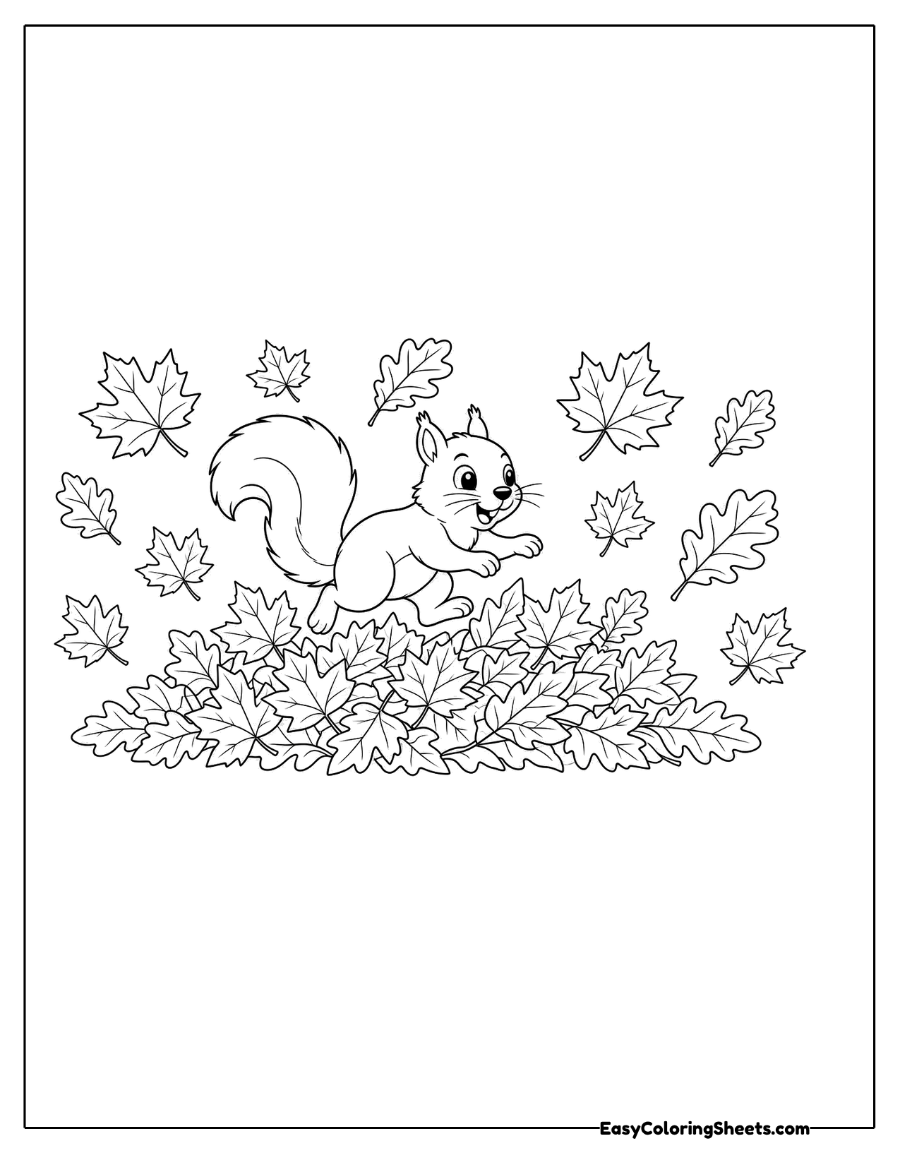 Squirrel playing in a pile of autumn leaves
