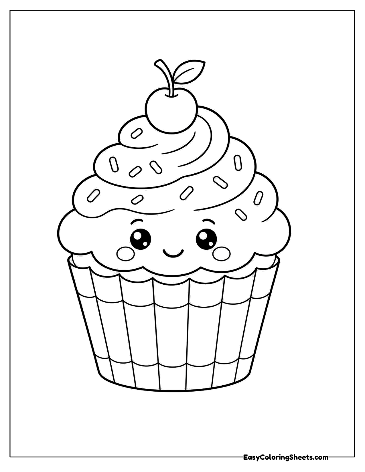 Smiling cupcake with swirled frosting and a cherry