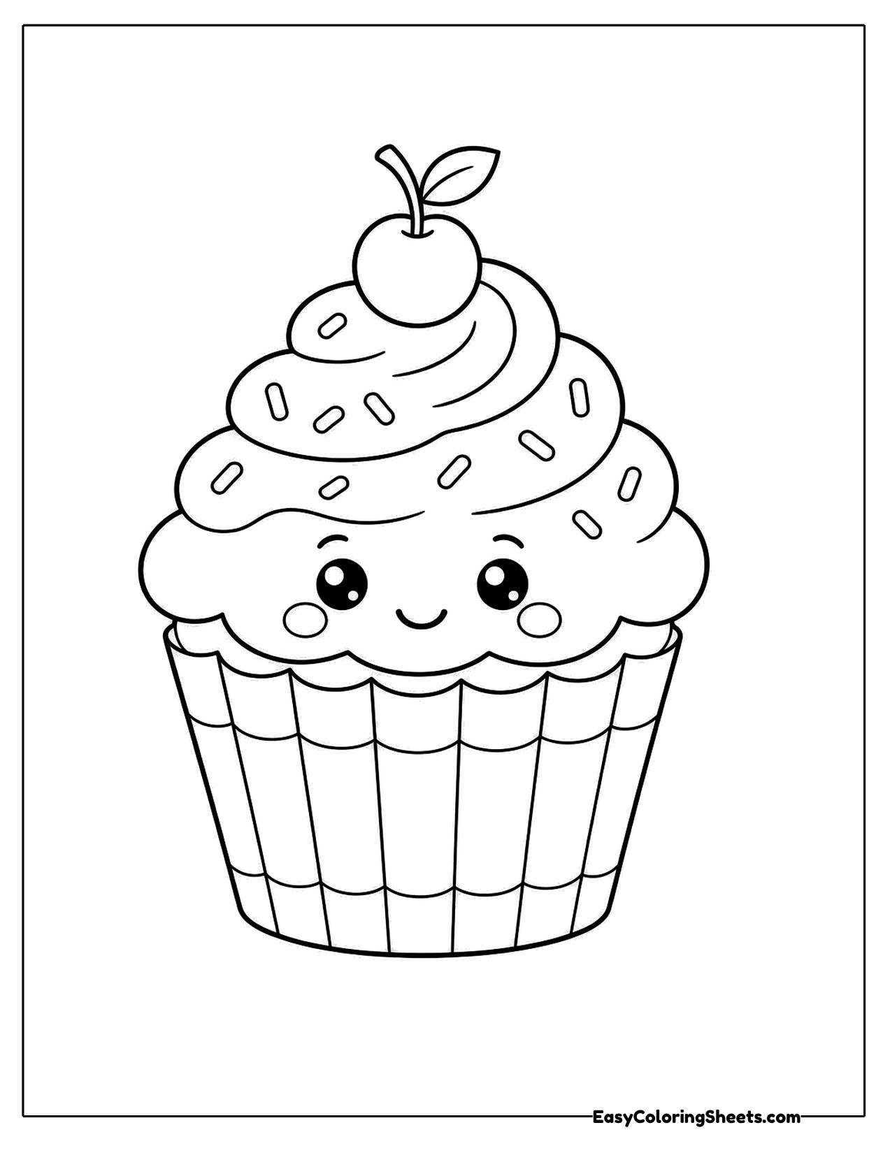 Smiling cupcake with swirled frosting and a cherry