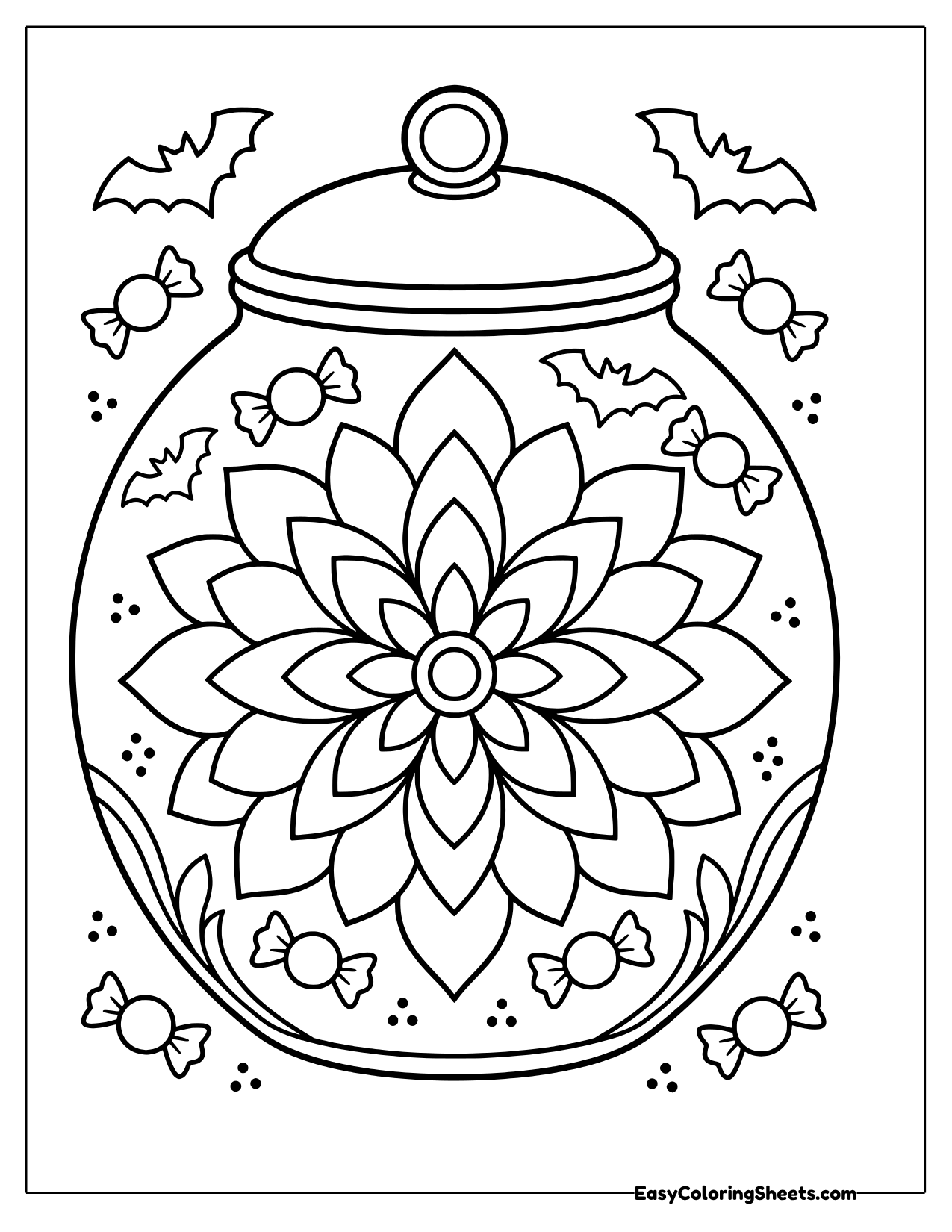 Candy jar mandala with a lid, a large flower inside, wrapped candies and bats