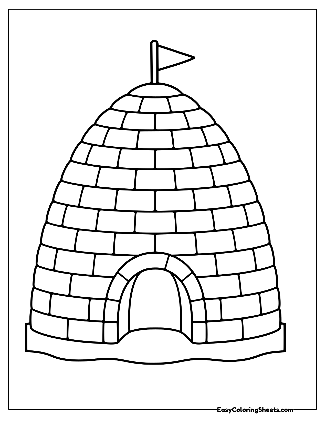 Beehive shaped snow block igloo with a flag