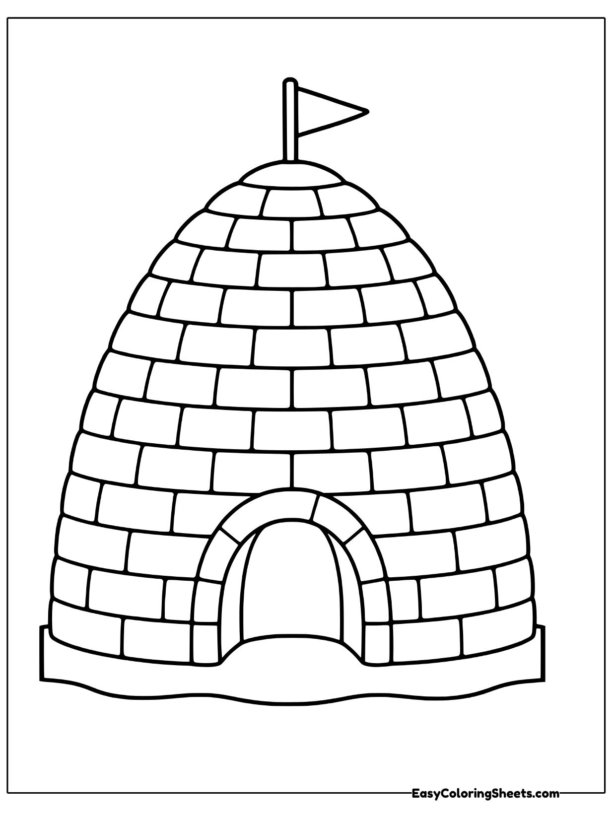 A tall, beehive shaped igloo made of stacked snow blocks has a small flag on top and an arched doorway at the bottom.
