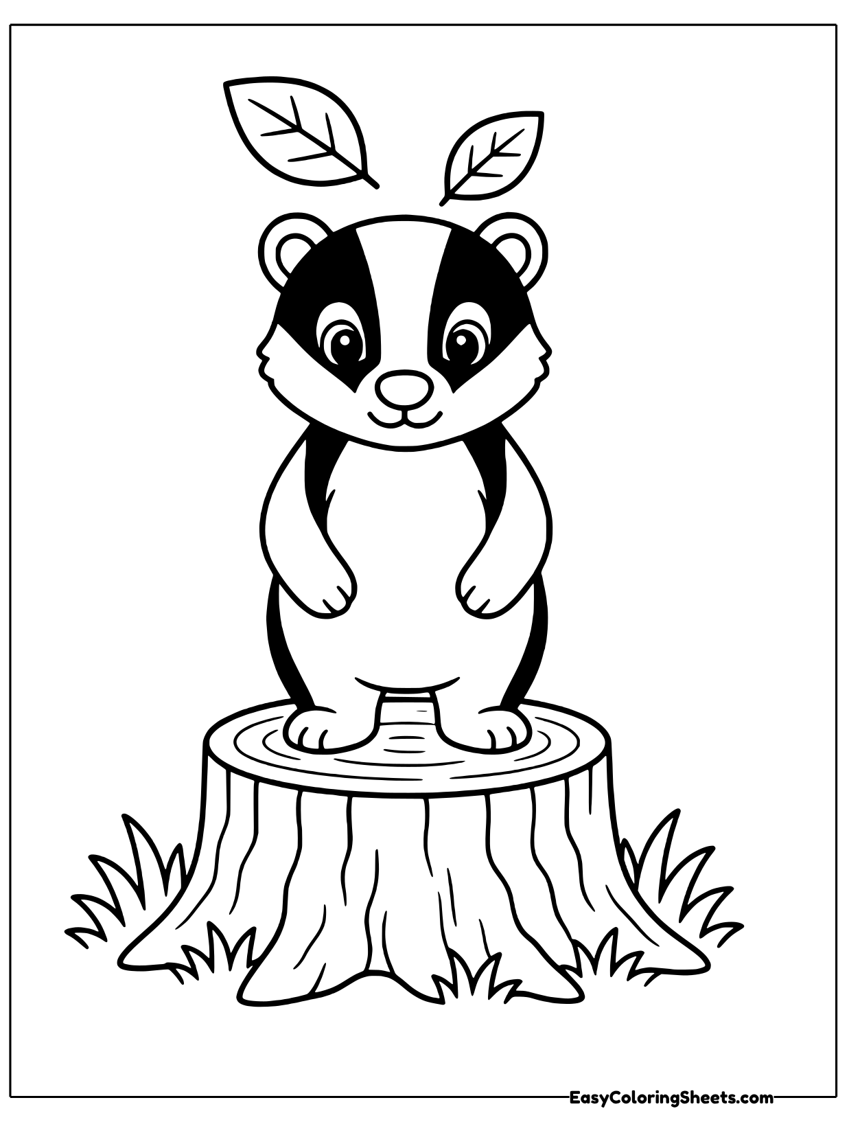 A badger stands on top of a tall tree stump with roots spreading at the base and a leaf sprout on its head.