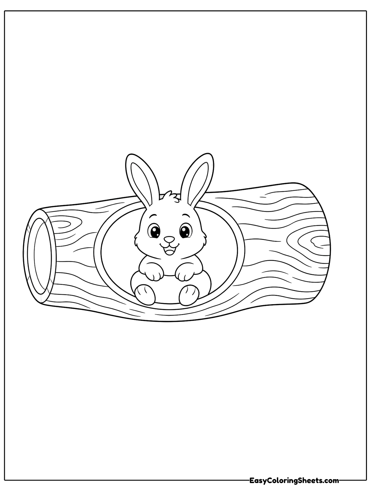 A bunny sits inside the opening of a hollow log, peeking out with a happy face.
