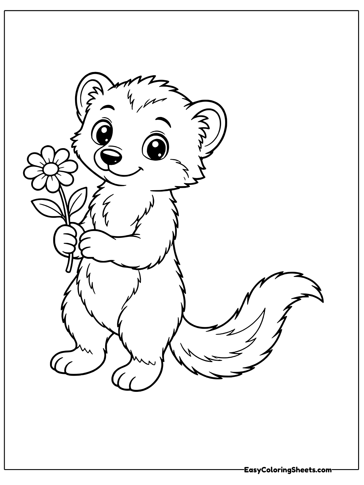 A smiling mongoose stands on its back legs and holds a small flower in its paw.