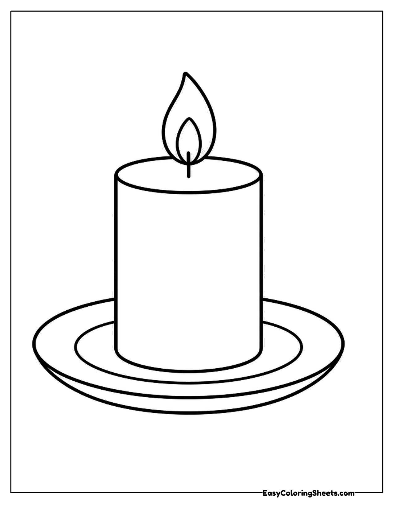 Lit pillar candle on a round dish