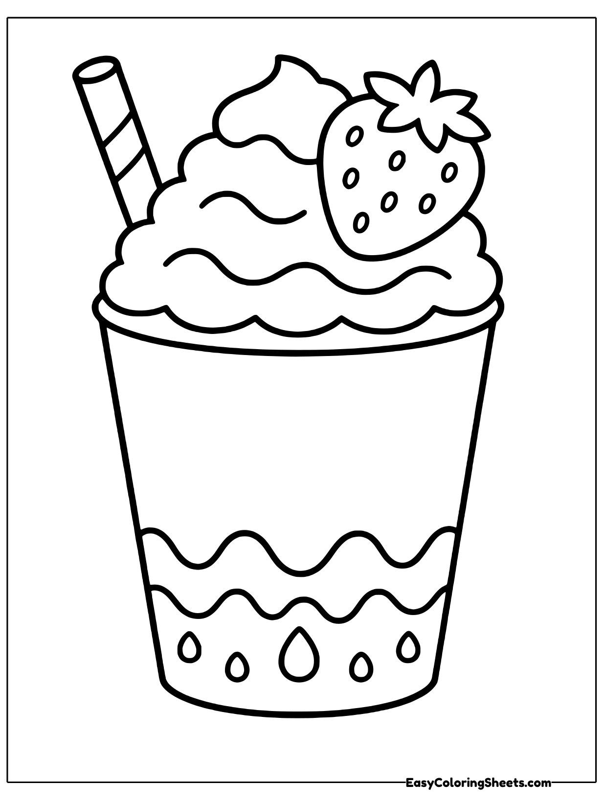 A tall strawberry milkshake cup is piled high with swirly whipped cream, topped with a fresh strawberry and a striped straw.