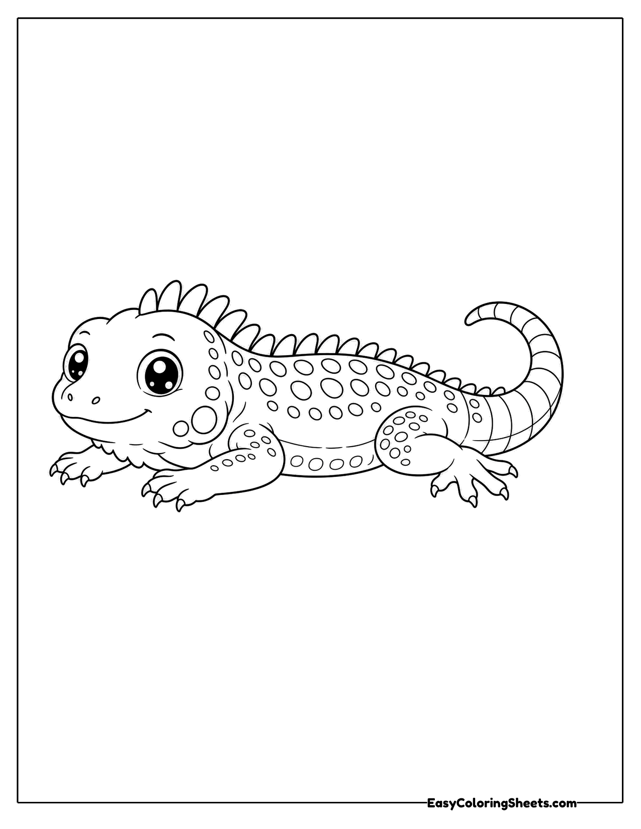 This iguana lies flat on its belly, resting with its legs tucked and its long tail stretched out.