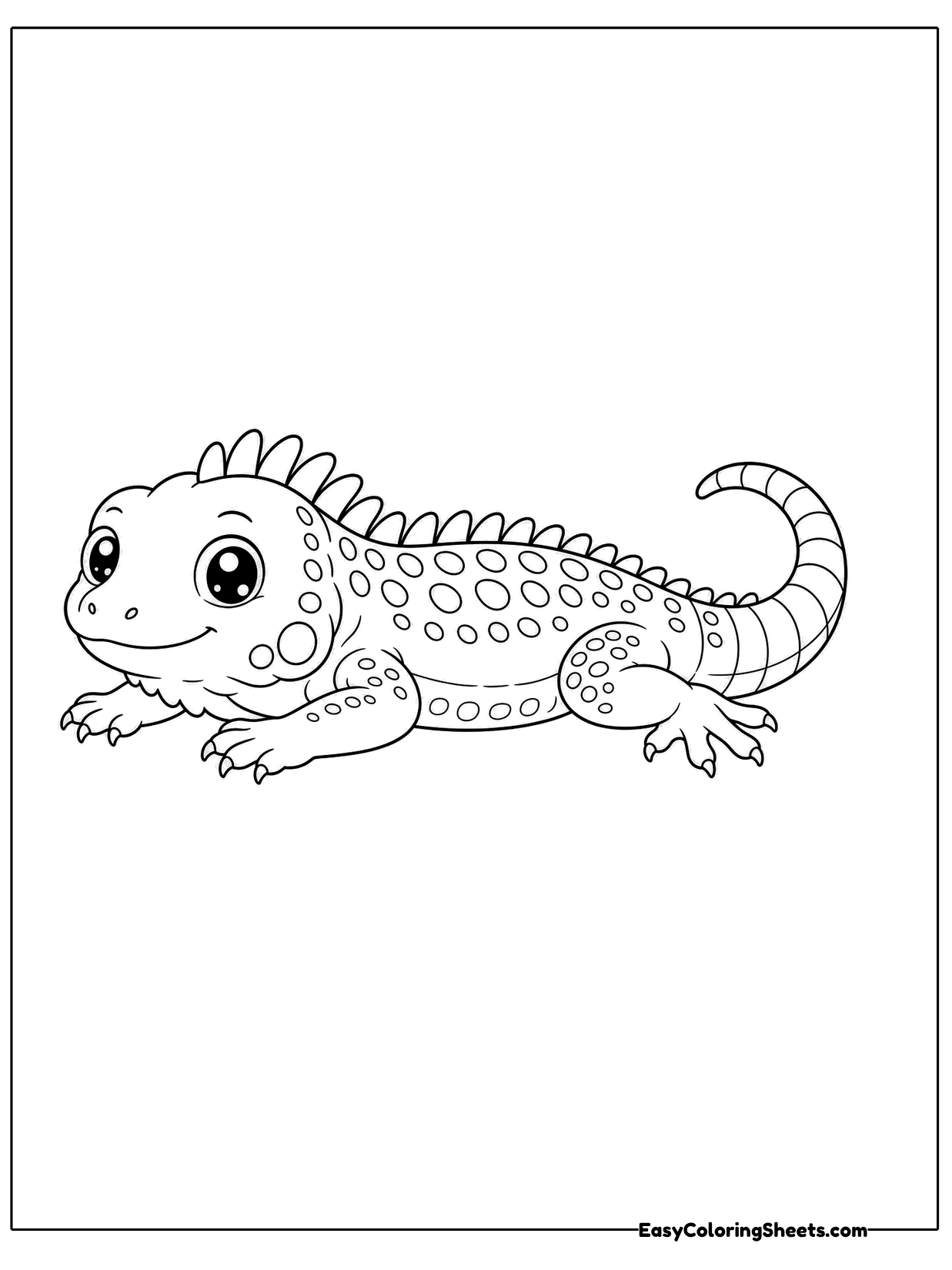 This iguana lies flat on its belly, resting with its legs tucked and its long tail stretched out.