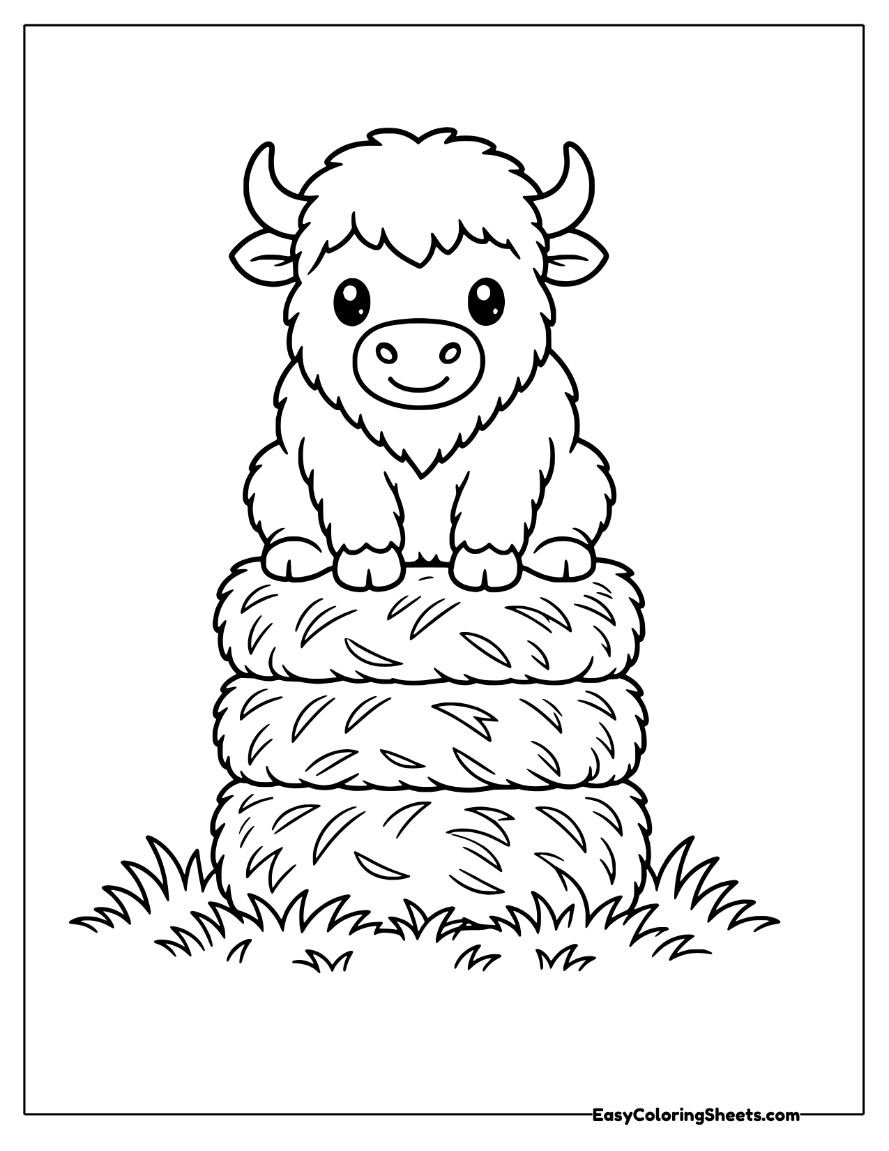 Bison sitting on a stack of hay bales
