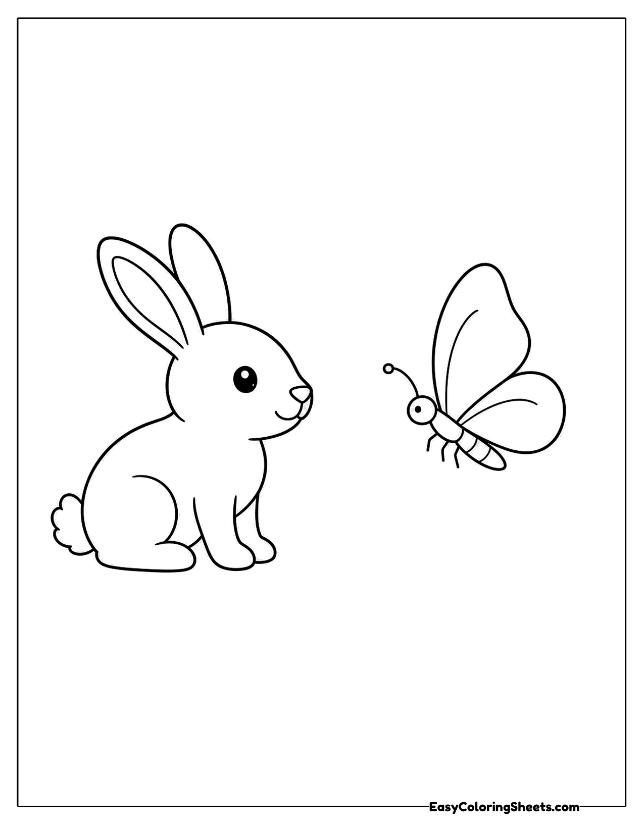 Rabbit in profile watching a butterfly flutter nearby