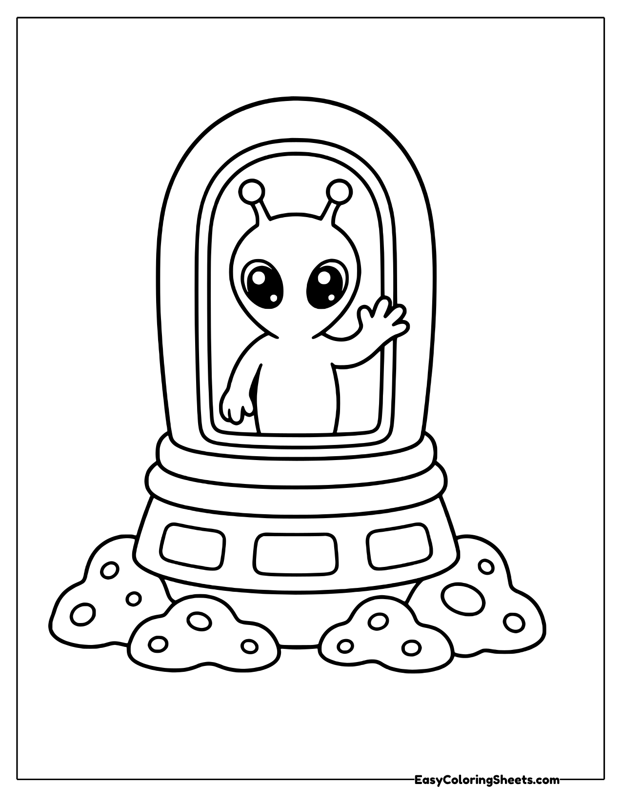 An alien waves from inside a domed glass capsule with a window, sitting on a base decorated with lights.