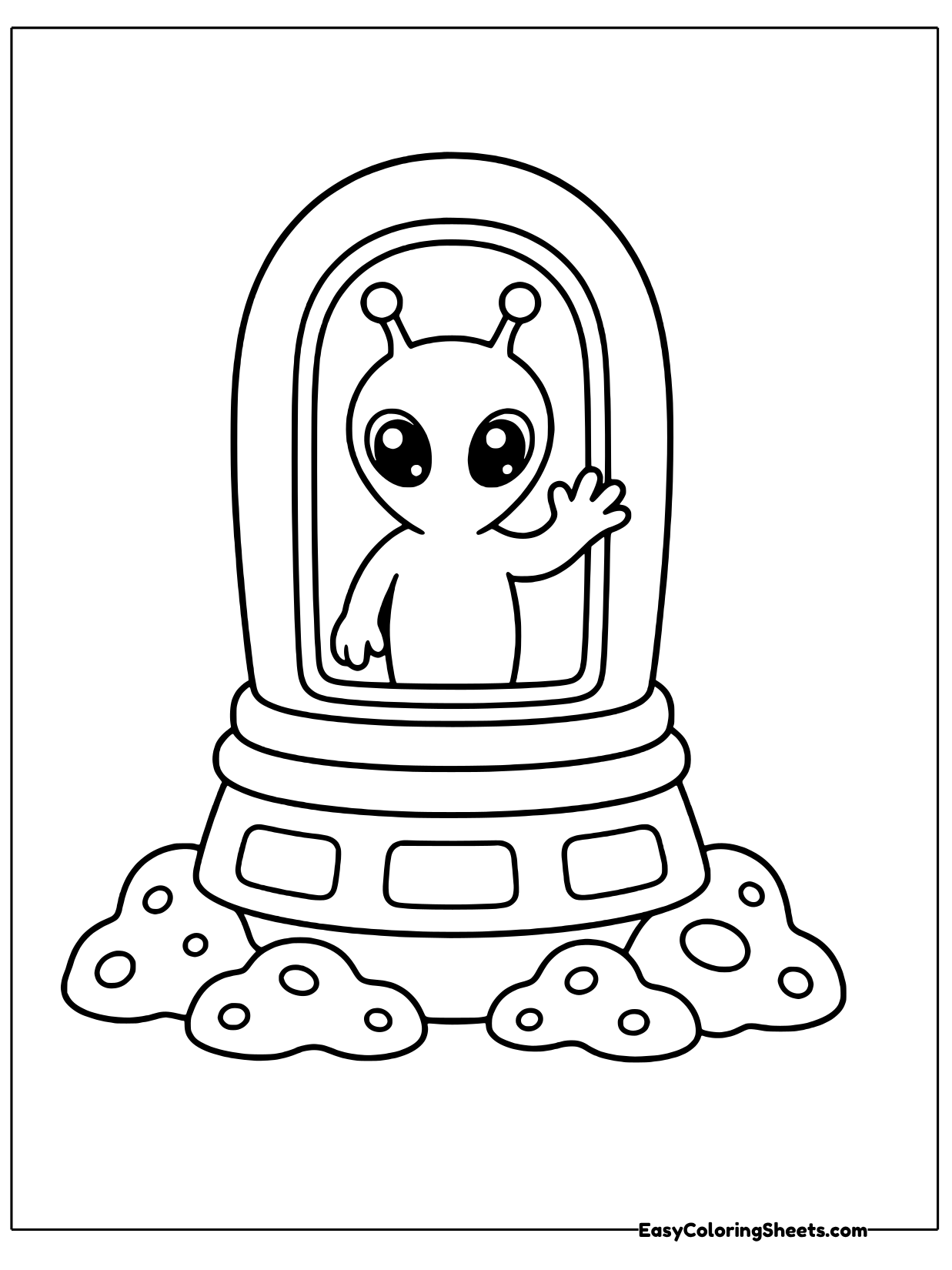 An alien waves from inside a domed glass capsule with a window, sitting on a base decorated with lights.