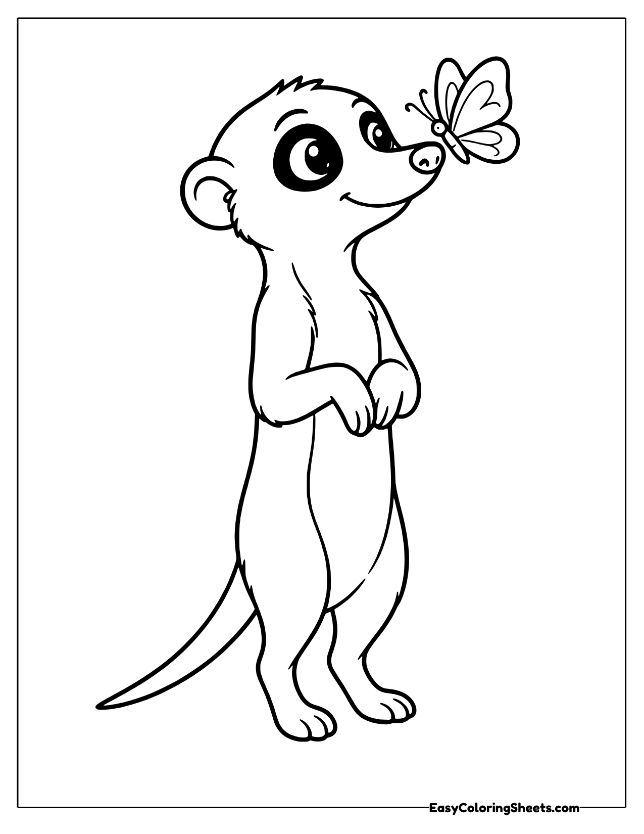 Meerkat standing with a butterfly on its nose
