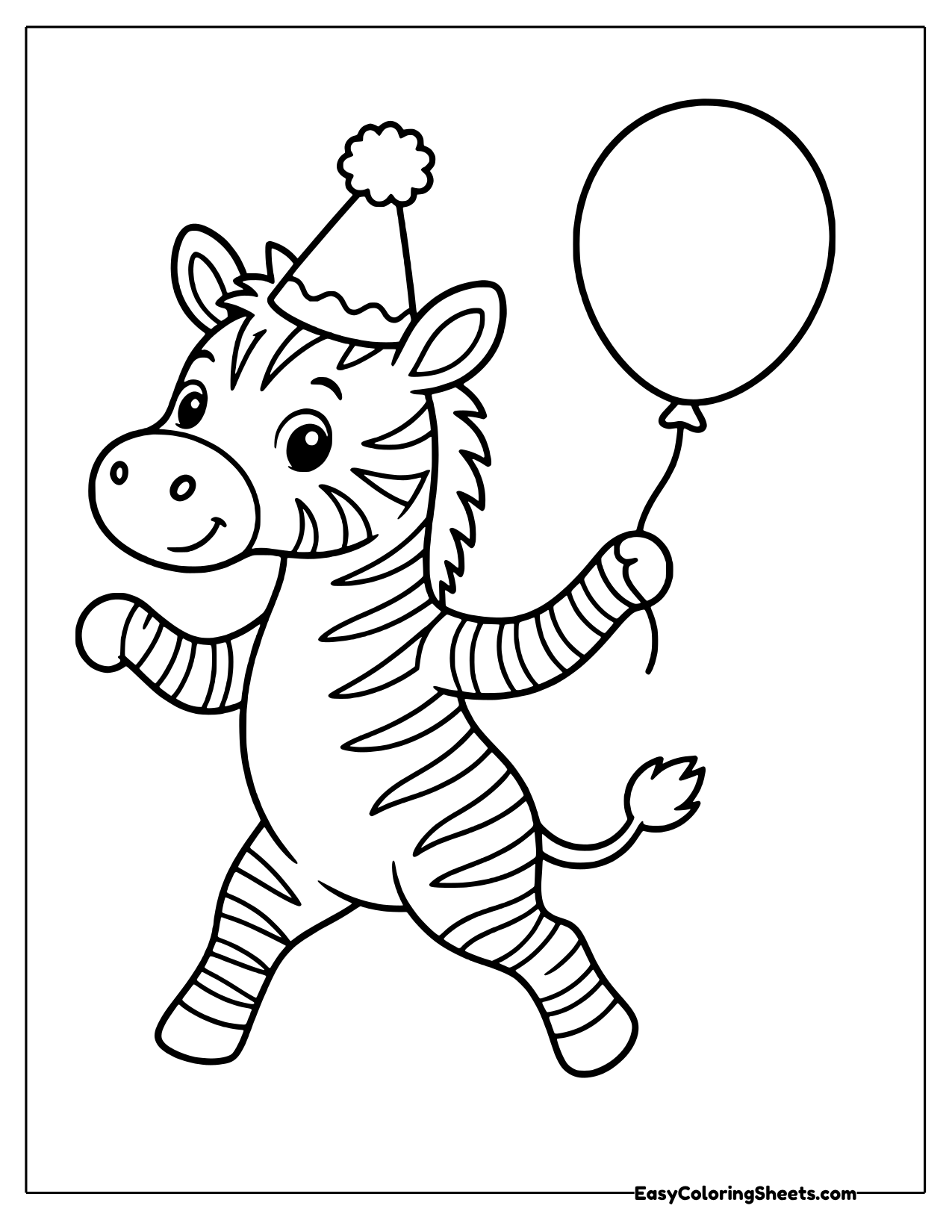 Dancing zebra in a party hat holding a balloon