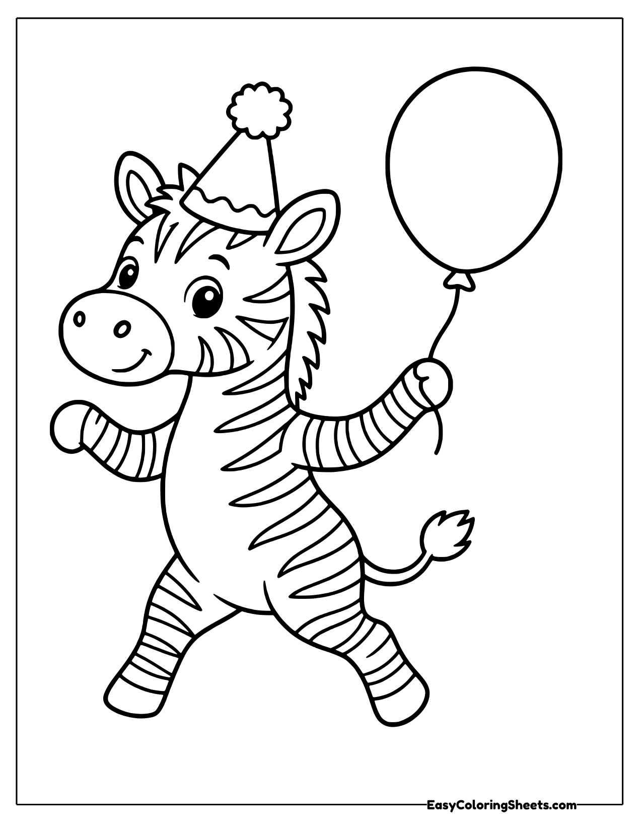 Dancing zebra in a party hat holding a balloon