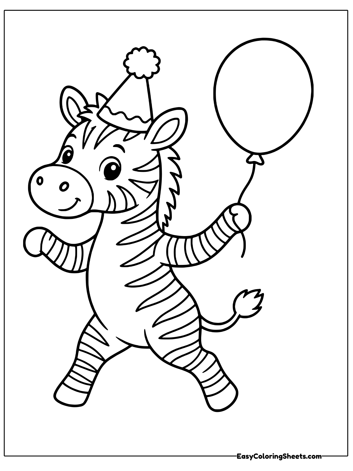 A party ready zebra dances on one leg in a pointy party hat with a pom pom, holding a round balloon on a string.