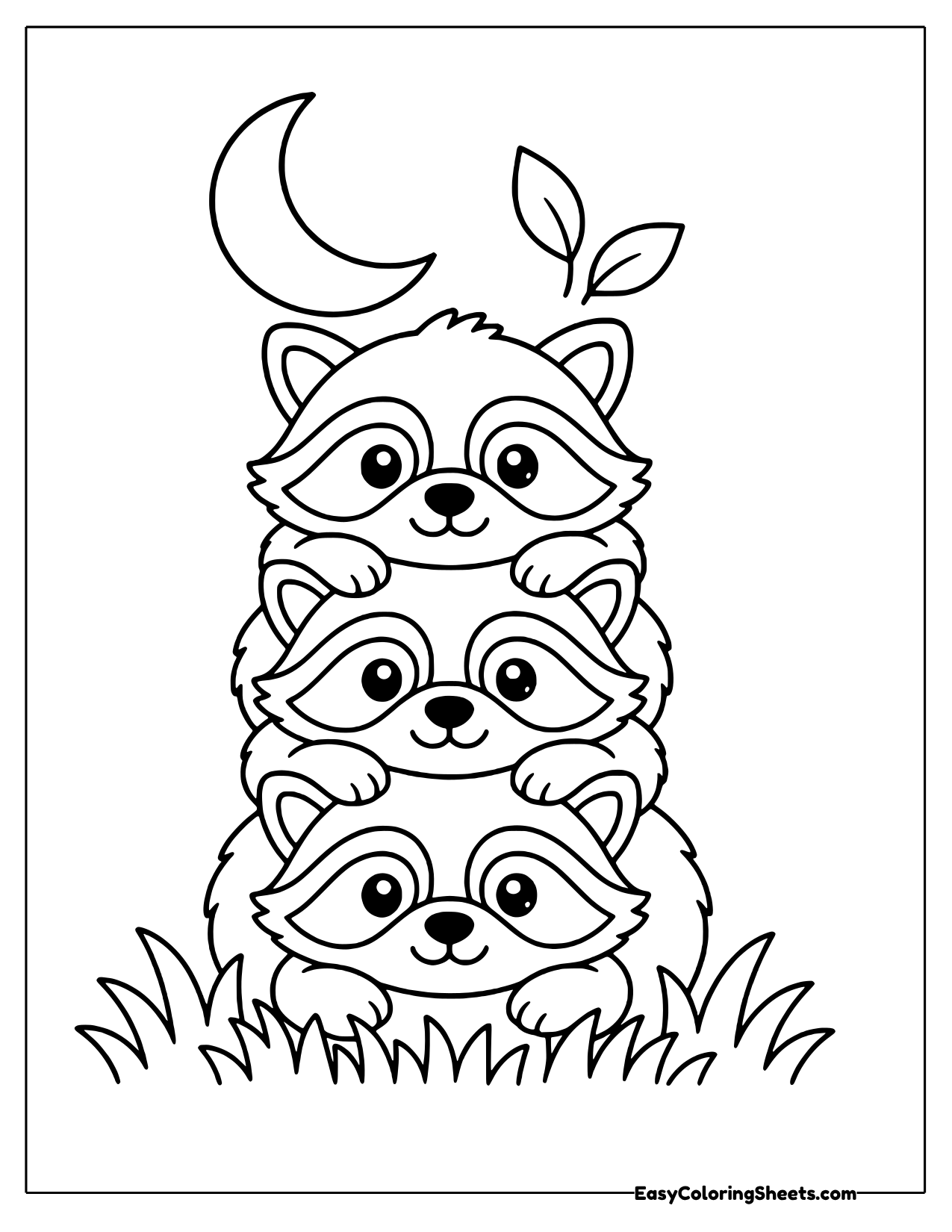 Three raccoons stacked under the moon