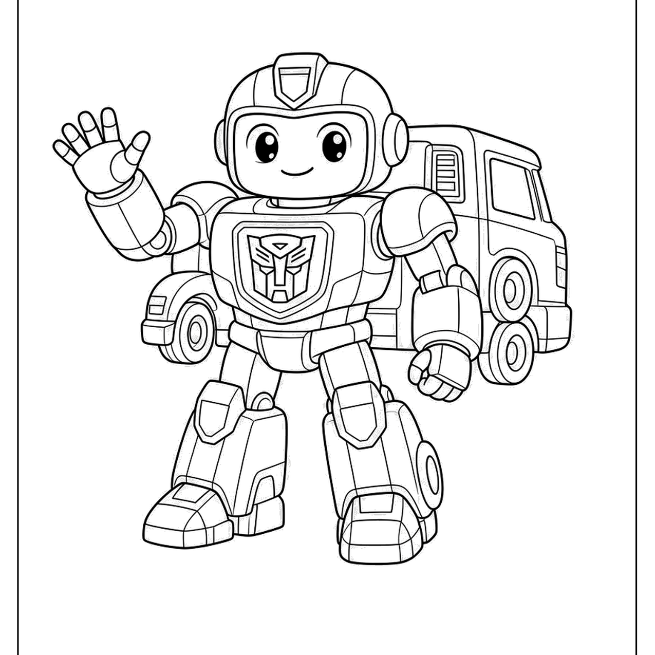 Robot hero waving beside a truck