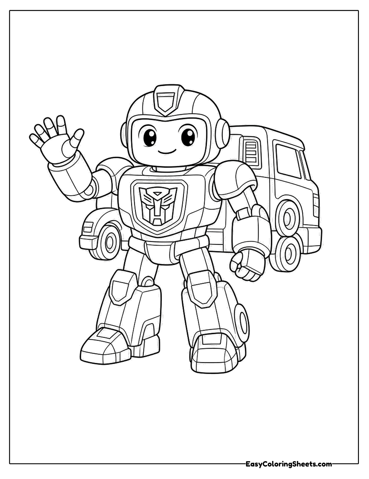 Robot hero waving beside a truck