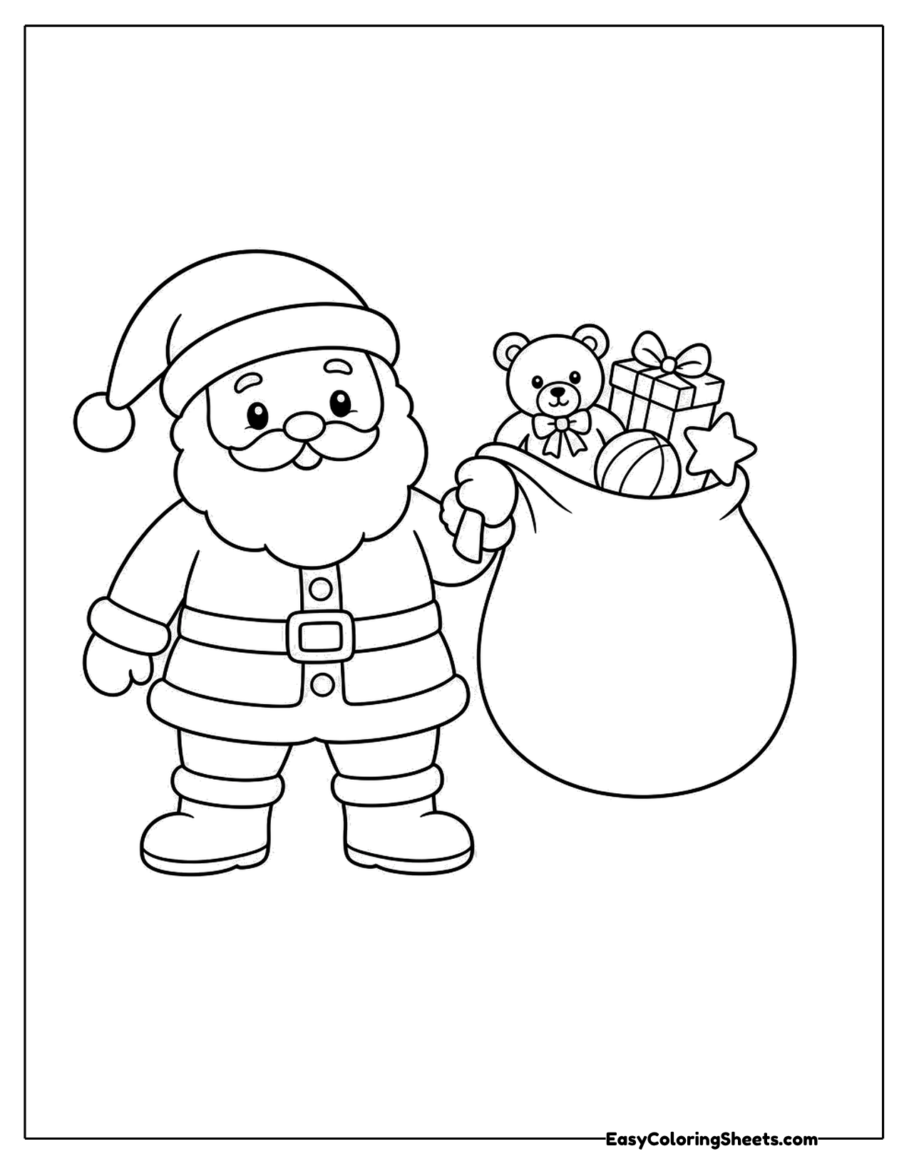 Santa standing beside a big toy sack with a teddy bear peeking out