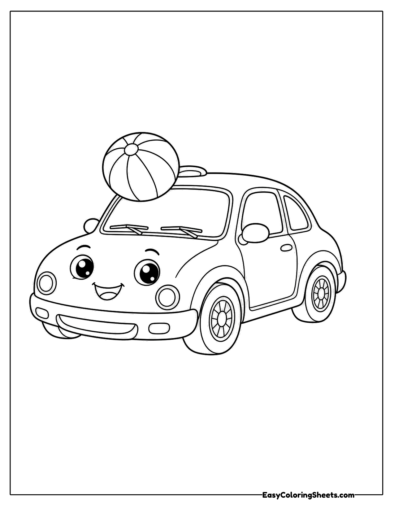 Smiling car carrying a beach ball on its roof