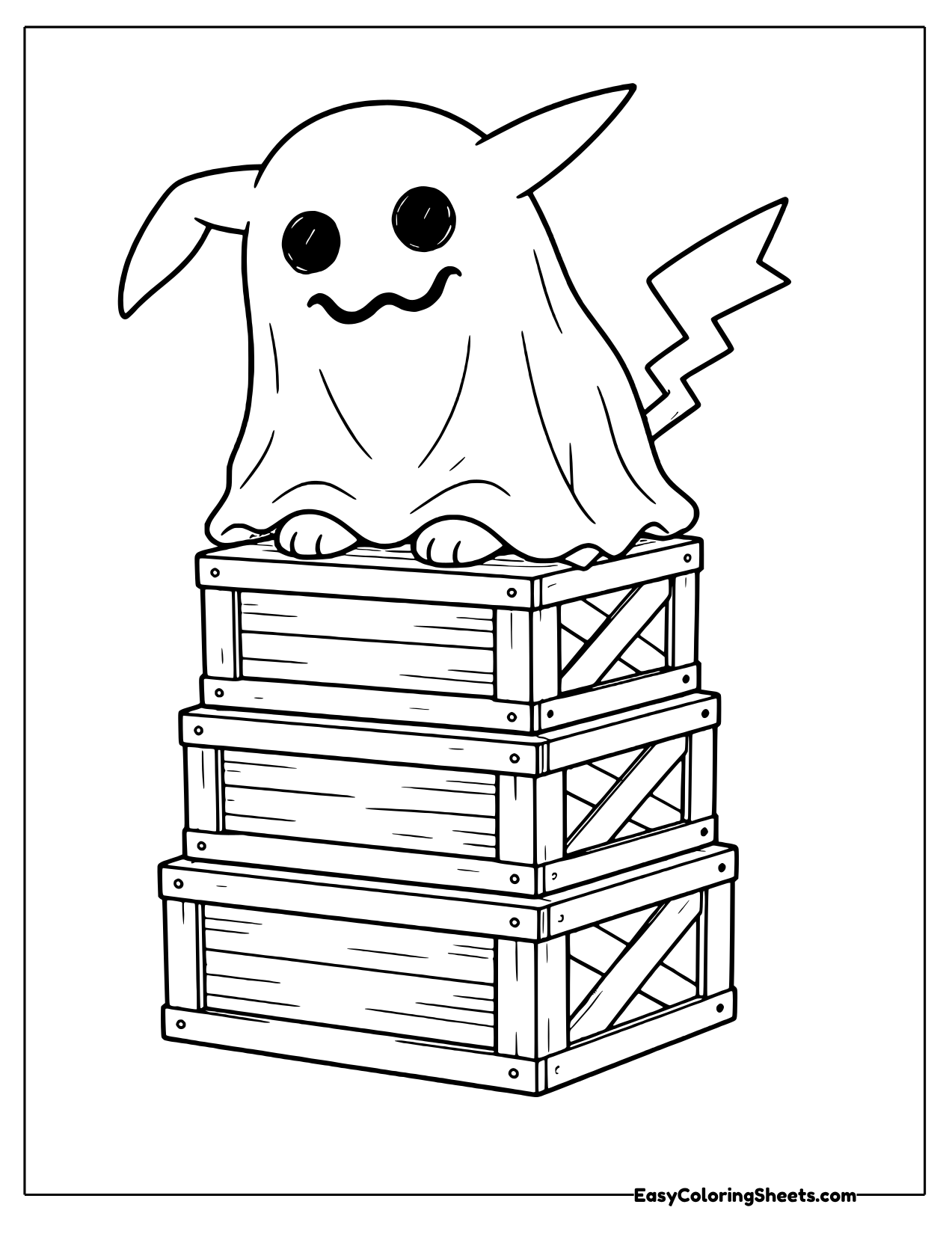 Mimikyu sitting on a stack of wooden crates coloring page