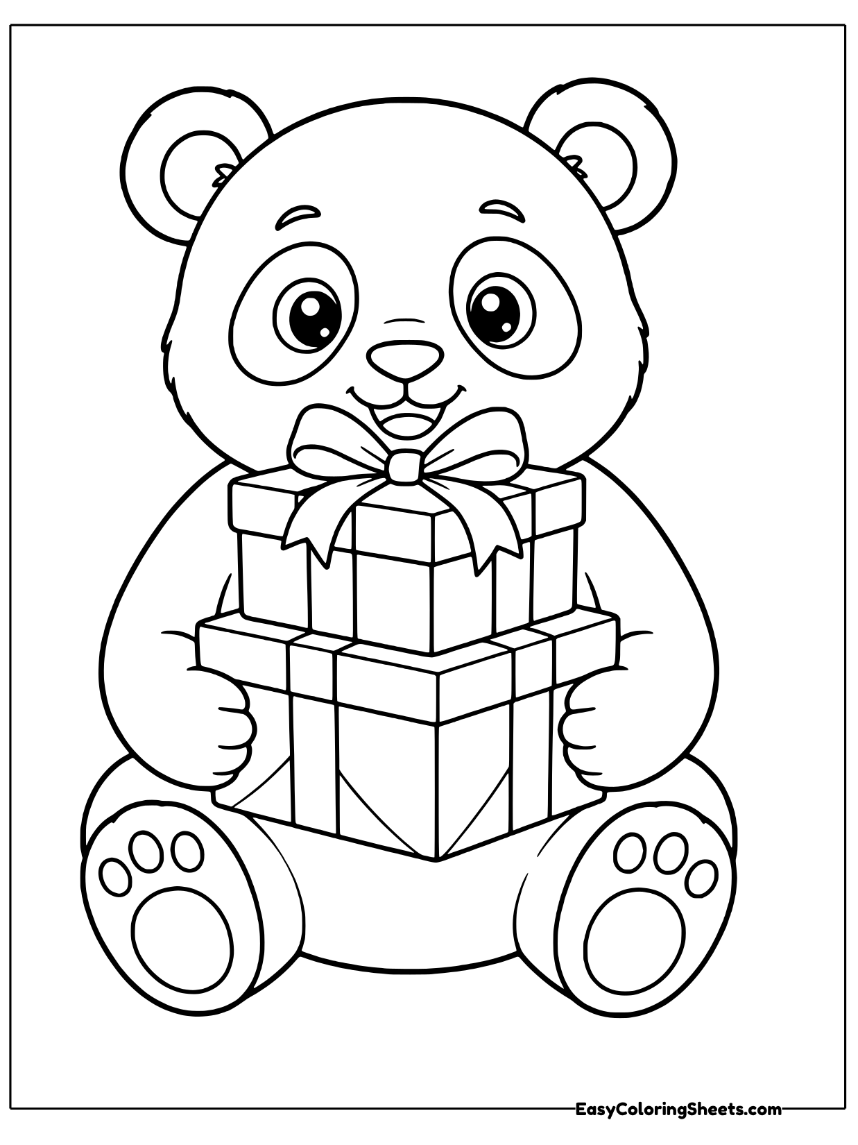 A smiling panda sits and holds a stack of wrapped presents tied with bows.