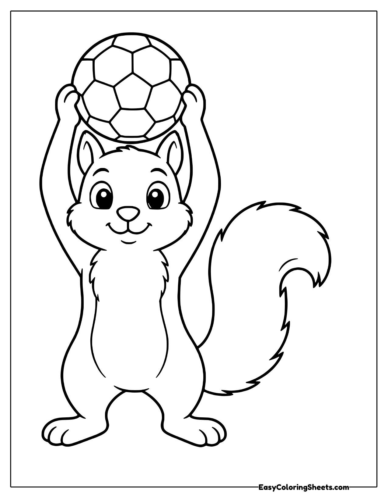 Cheerful squirrel lifting a soccer ball high above its head