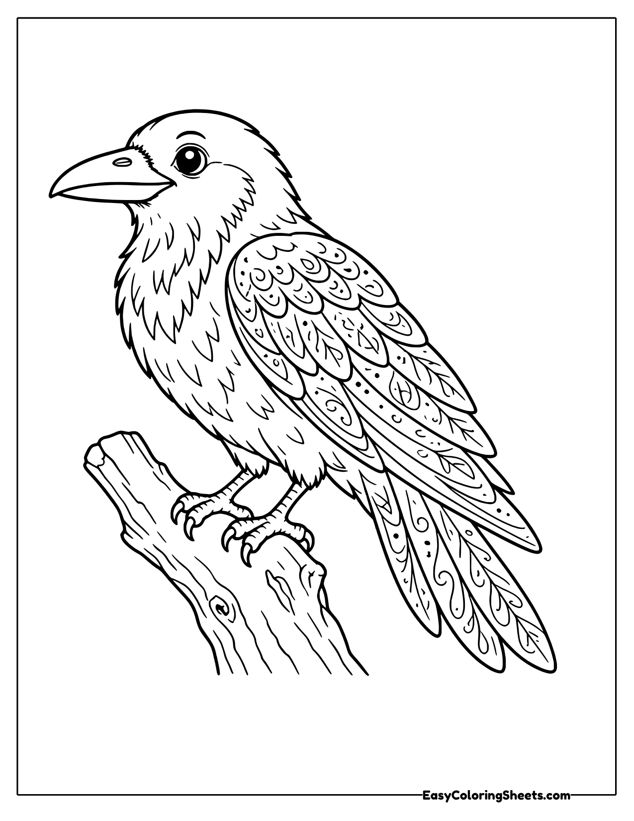 Raven with patterned feathers on a branch