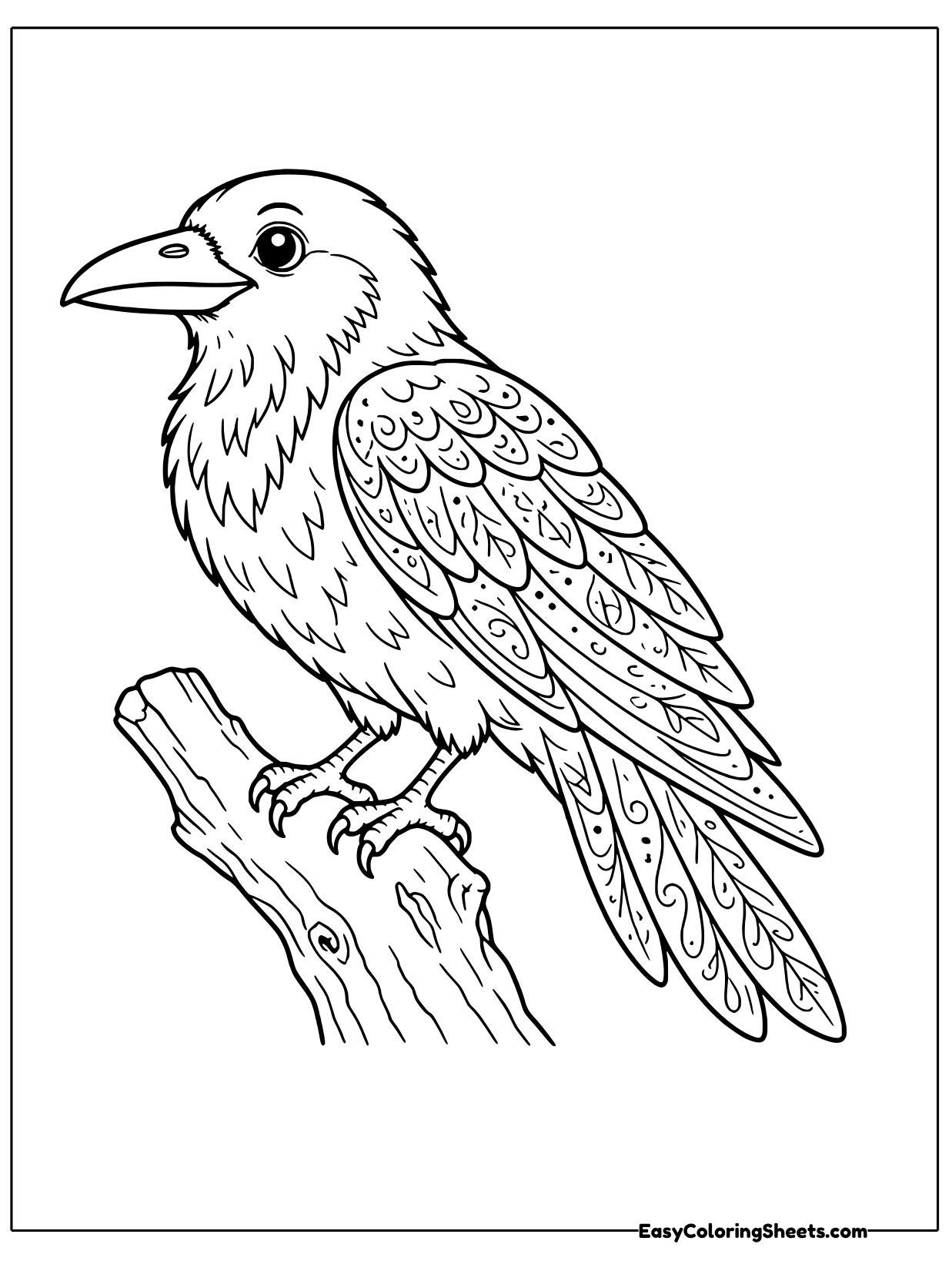 A raven with detailed, patterned feathers perches on a twisted branch.