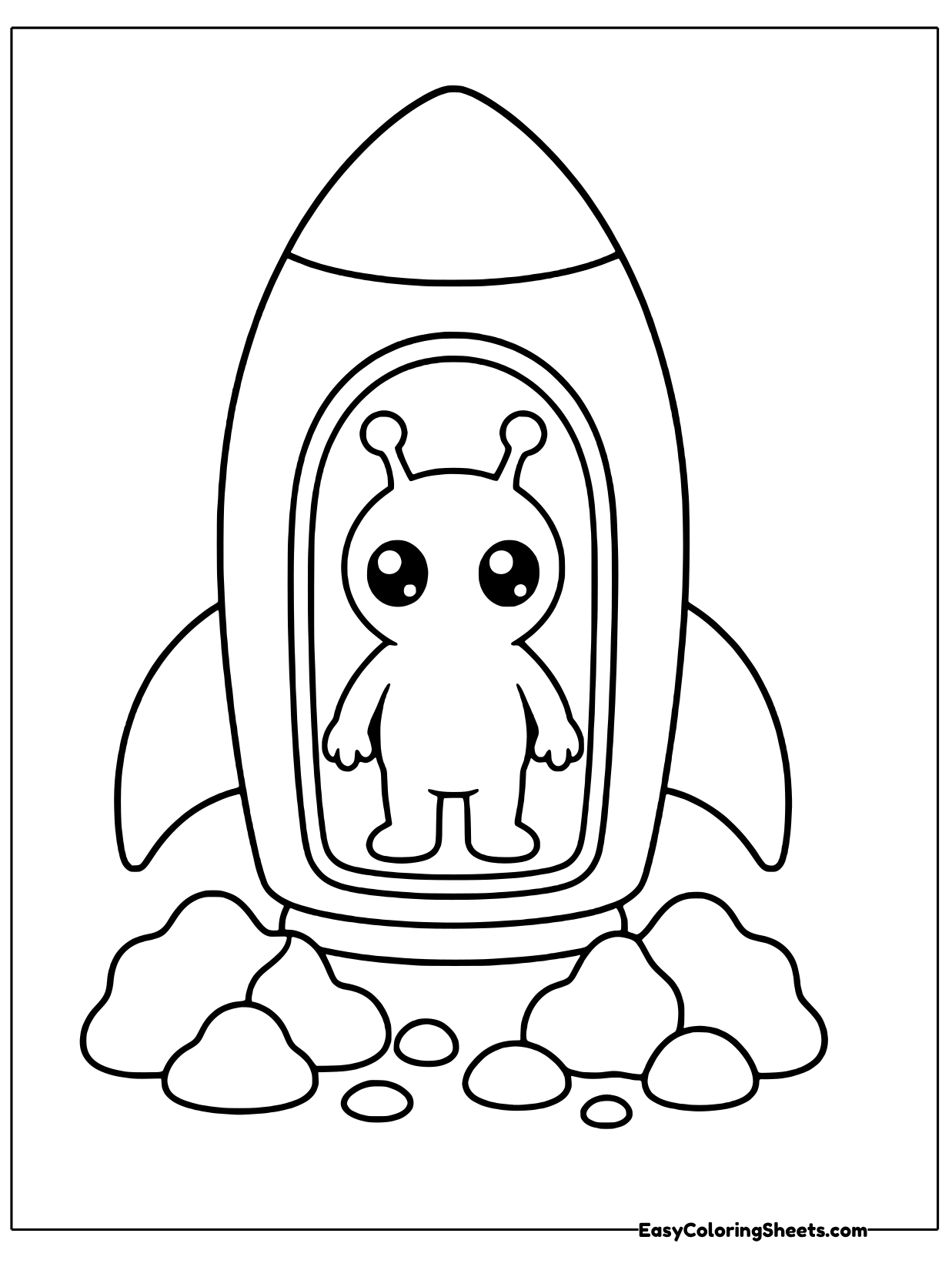 An alien stands in the open doorway of a rocket ship with a pointed nose and fins, parked on moon rocks.