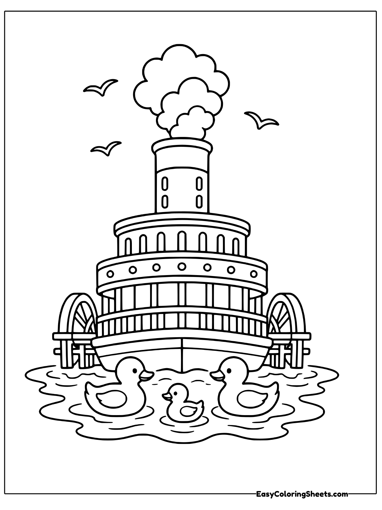 A big paddleboat with stacked decks and a smokestack sails on the water while ducks swim in front of it.