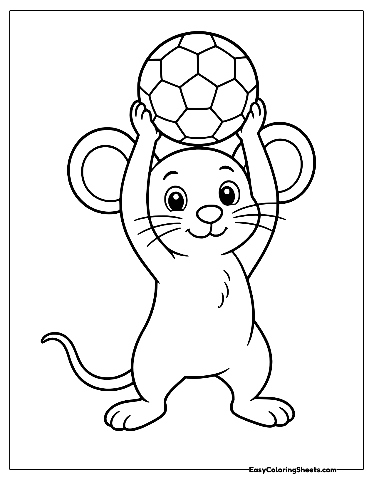 Little mouse proudly holding a big soccer ball overhead