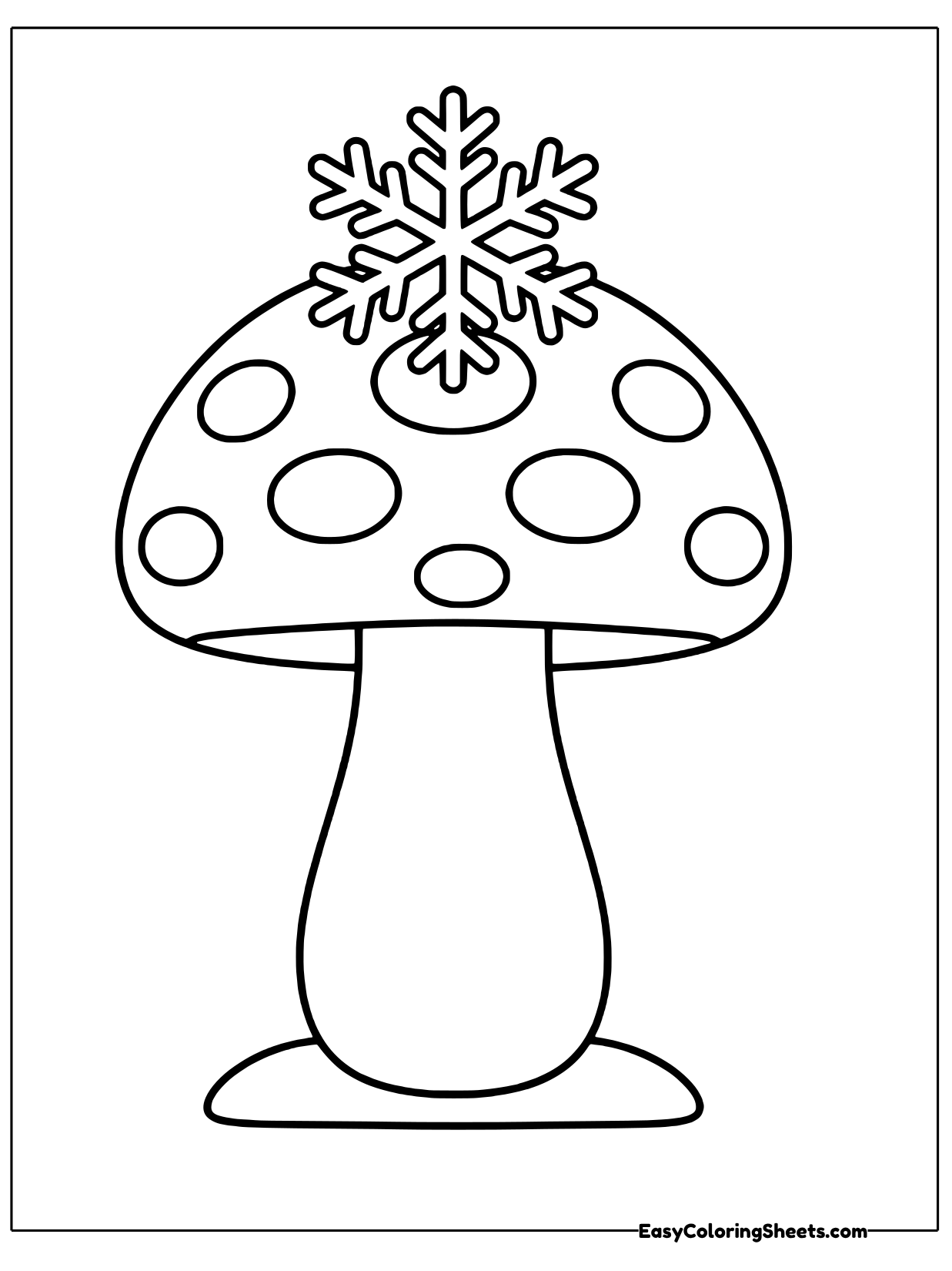A big mushroom with a spotted cap and a thick stem has a snowflake perched on its top.