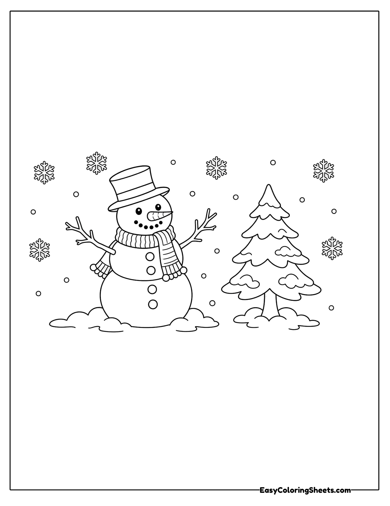 Snowman beside a pine tree in falling snow