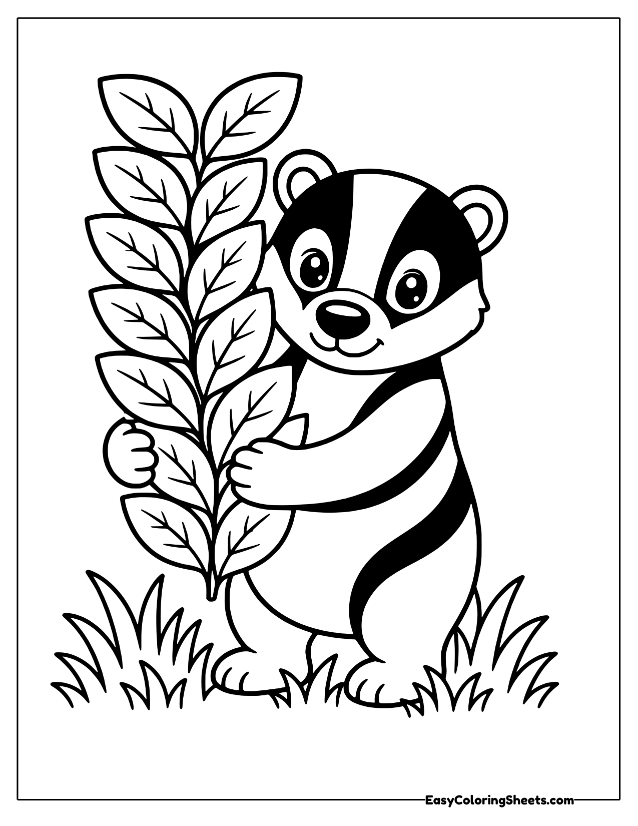 Badger peeking from behind a tall leafy plant