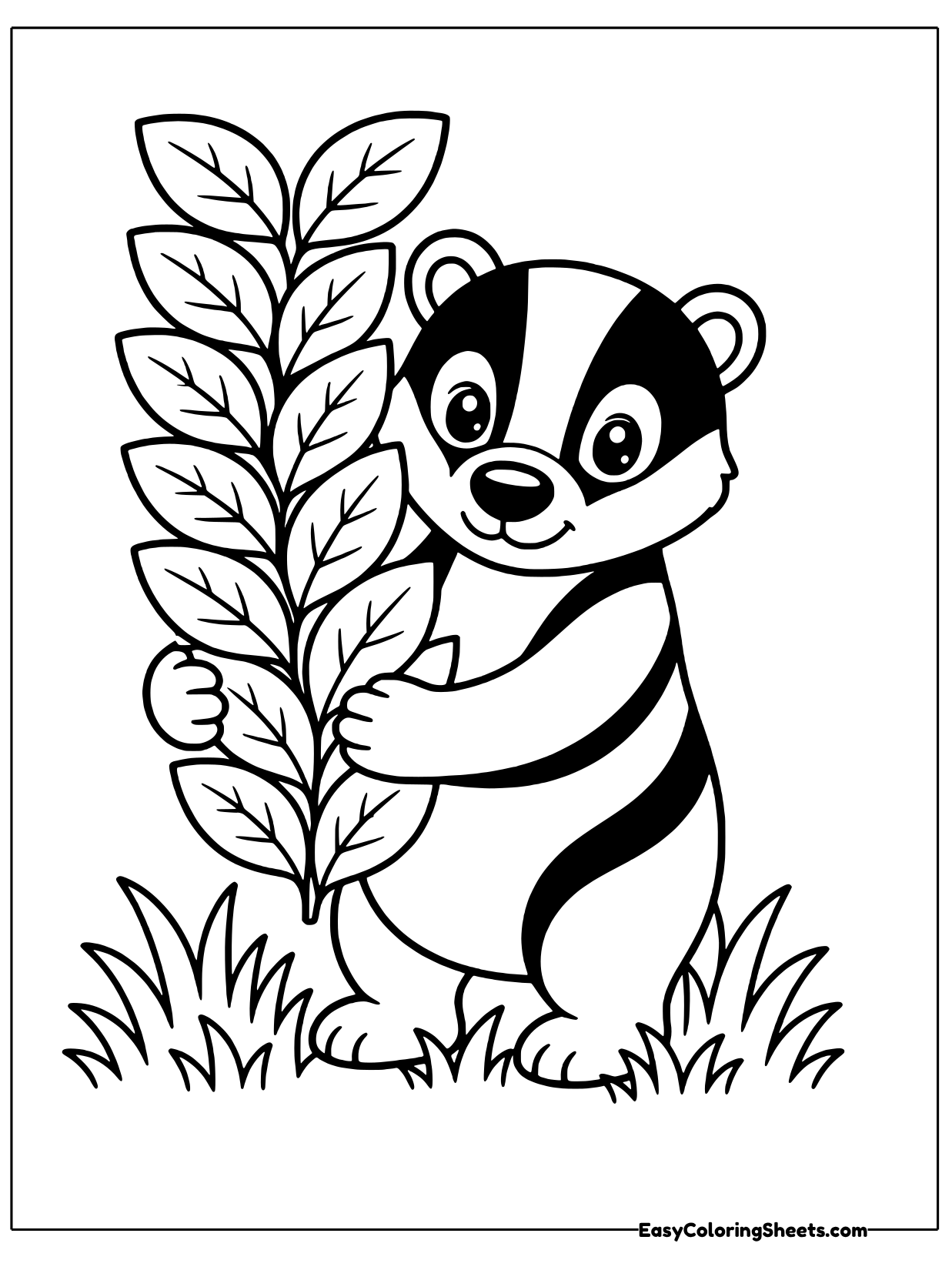 A badger with bold black and white face stripes peeks out from behind a tall plant with stacked leaves.